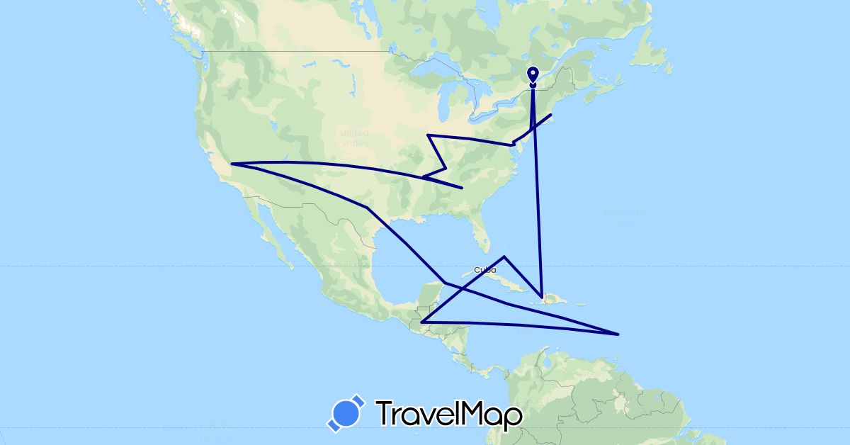 TravelMap itinerary: driving in Bahamas, Canada, Guatemala, Haiti, Jamaica, Saint Lucia, Mexico, United States (North America)